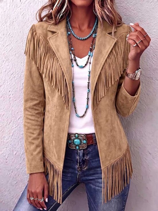 Jackets & Blazers - Khaki Elegant Women's Suede Fringe Slim Fit Collar Long Sleeved Jacket